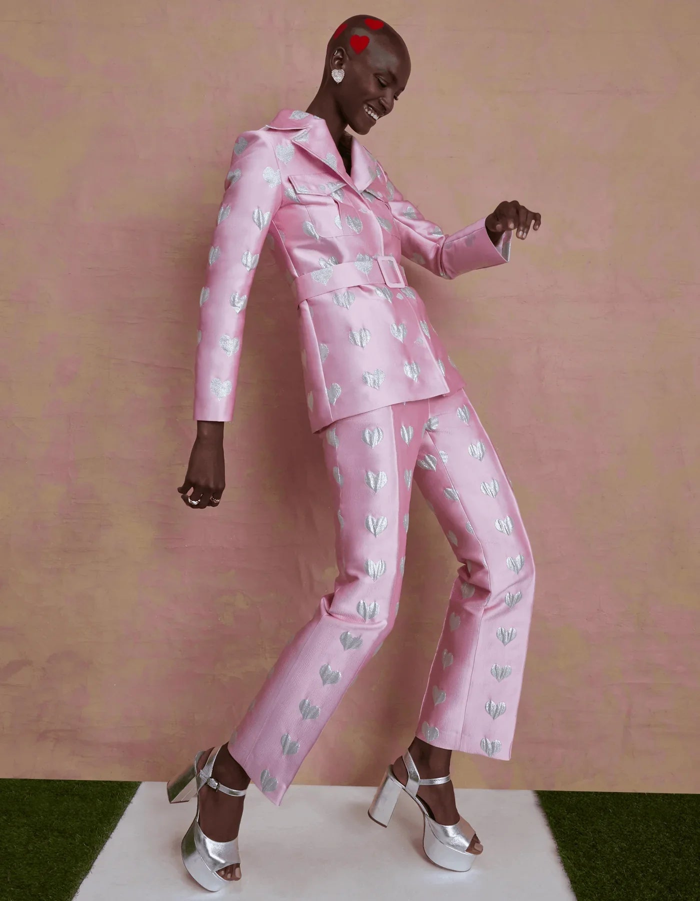 Lisou Hetty Pink Heart Print Silk Jacquard Trousers