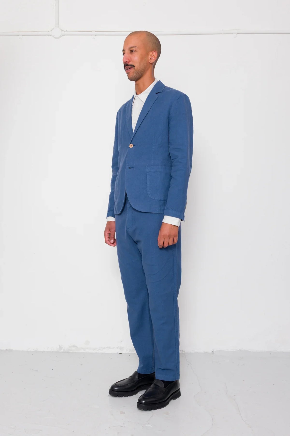 Folk Cotton Linen Trouser Fixed Waistband Woad
