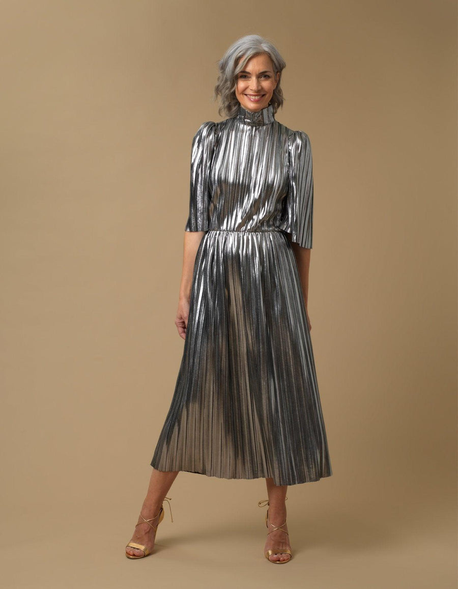 Lisou Diane Silver Metallic Plisse Midi Dress
