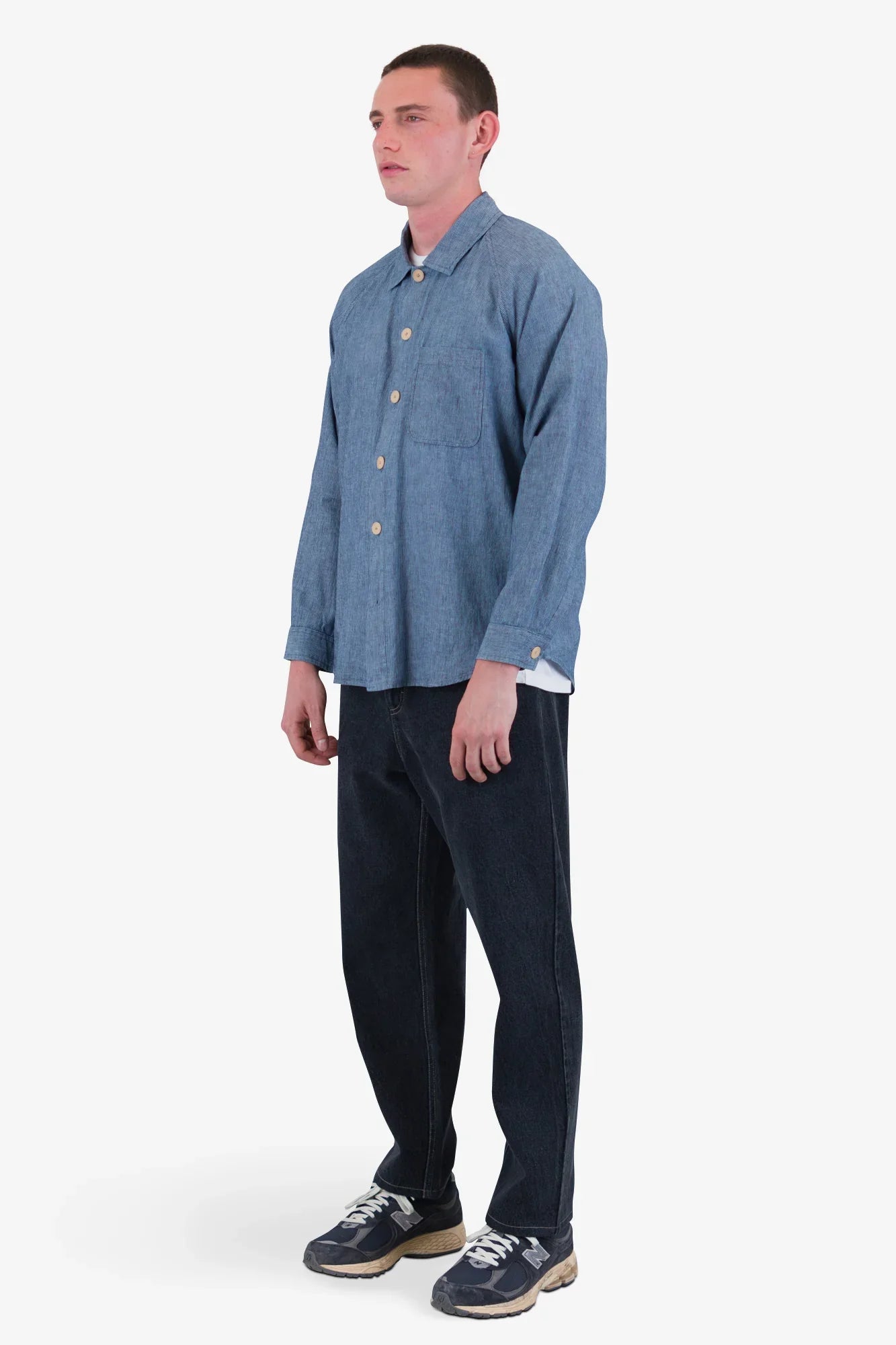 Folk Raglan Washed Indigo Stripe Shirt