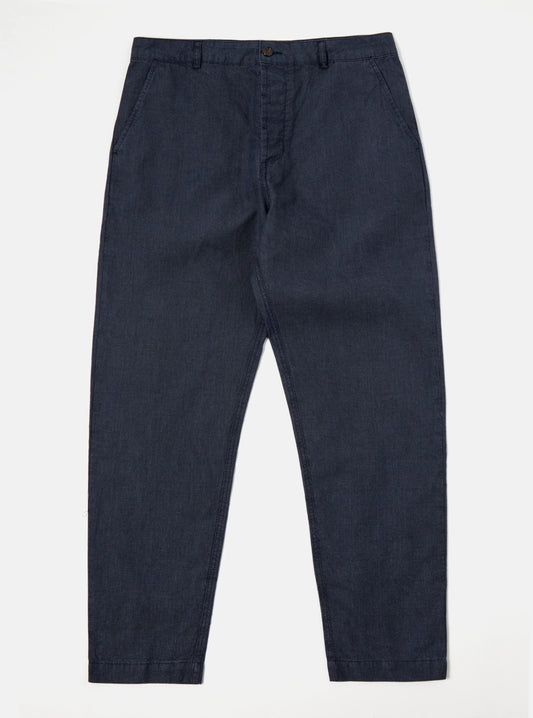 Universal Works Military Chino In Navy Linen Mix Puppytooth