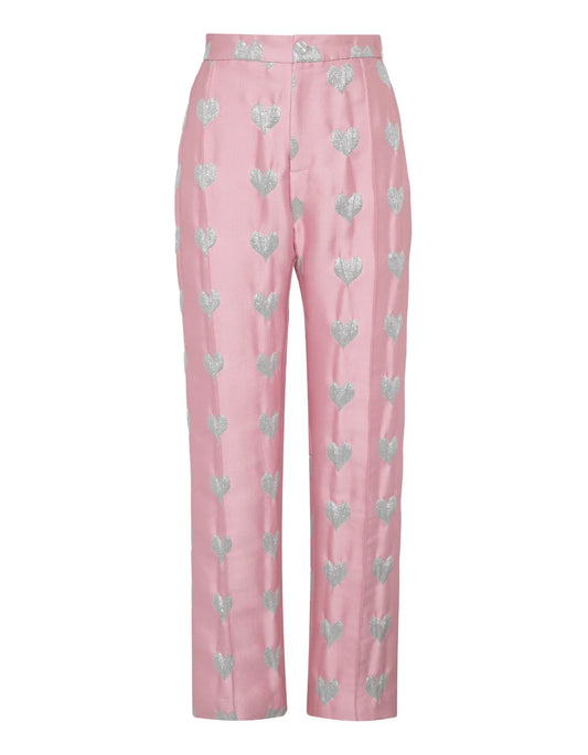 Lisou Hetty Pink Heart Print Silk Jacquard Trousers