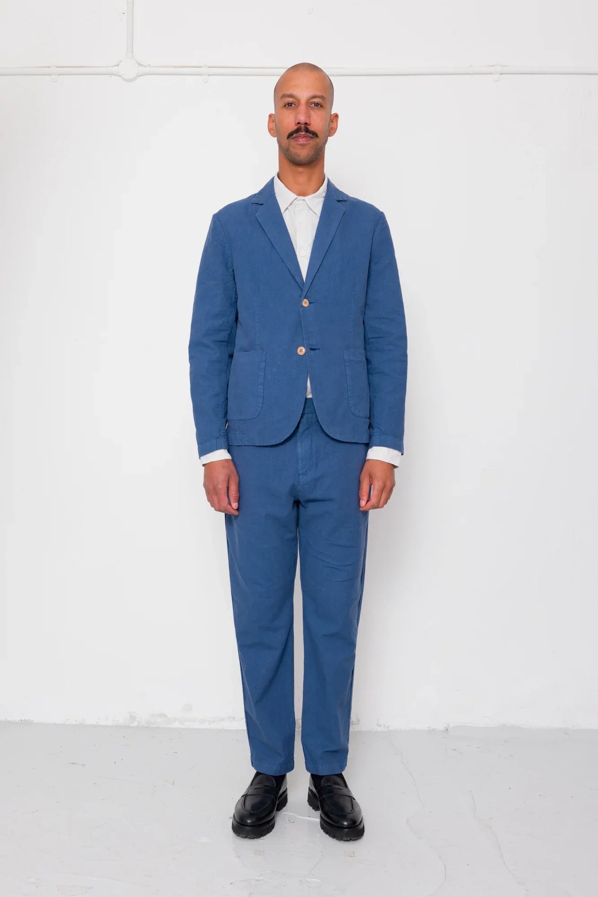 Folk Cotton Linen Trouser Fixed Waistband Woad