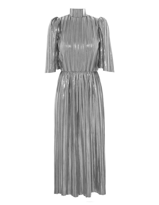 Lisou Diane Silver Metallic Plisse Midi Dress