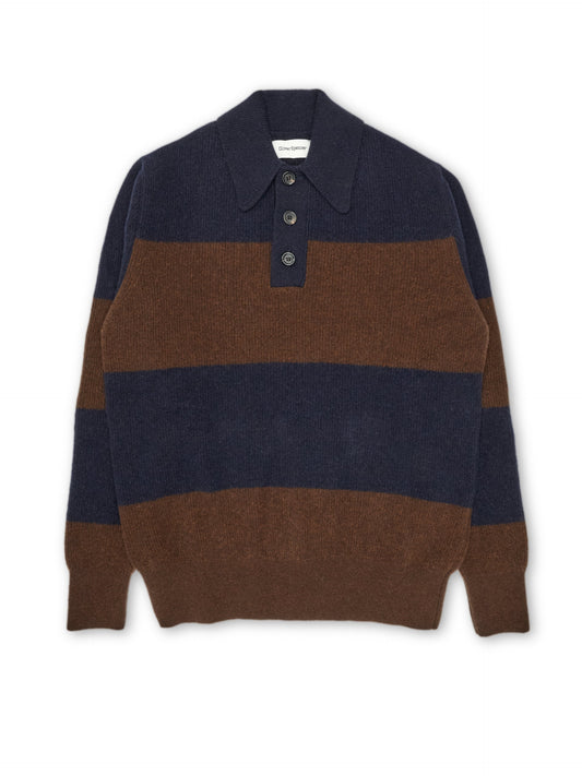 Oliver Spencer Wren Knitted Polo Shirt Navy/Brown