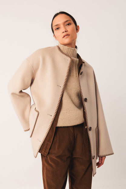 Indi & Cold Blanket Stitch Coat with Scarf Stone