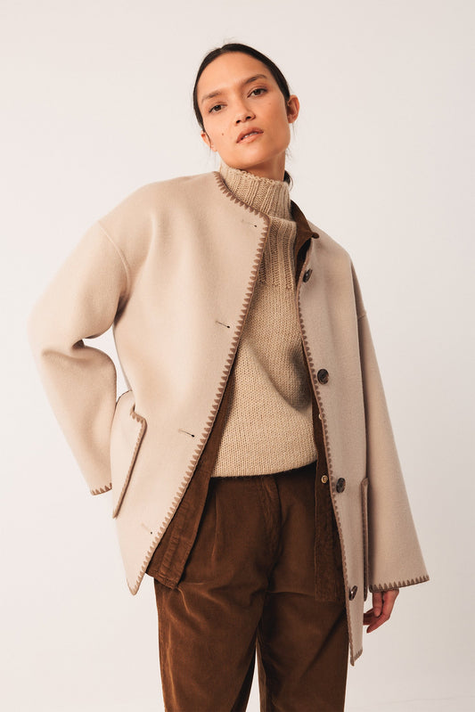 Indi & Cold Blanket Stitch Coat with Scarf Stone