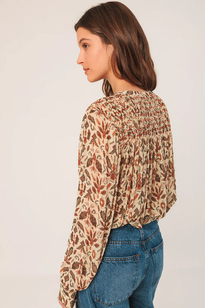 Indi & Cold Smock Detail Printed Blouse Caramel