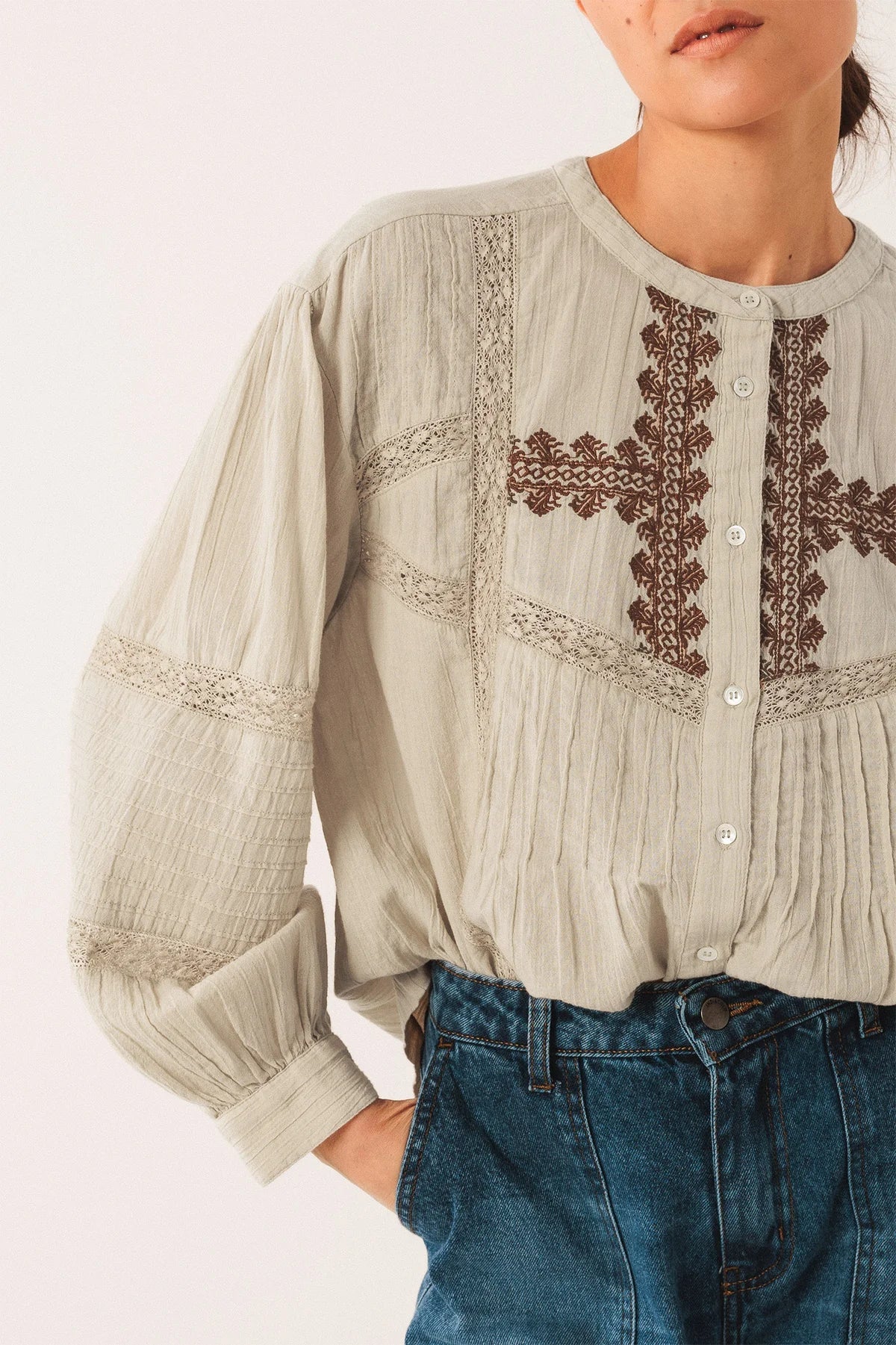 Indi & Cold Ethnic Embroidered Shirt Stone
