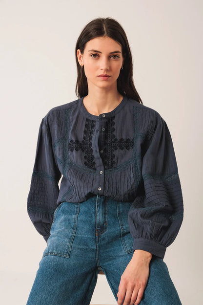 Indi & Cold Ethnic Embroidered Shirt Indigo Blue