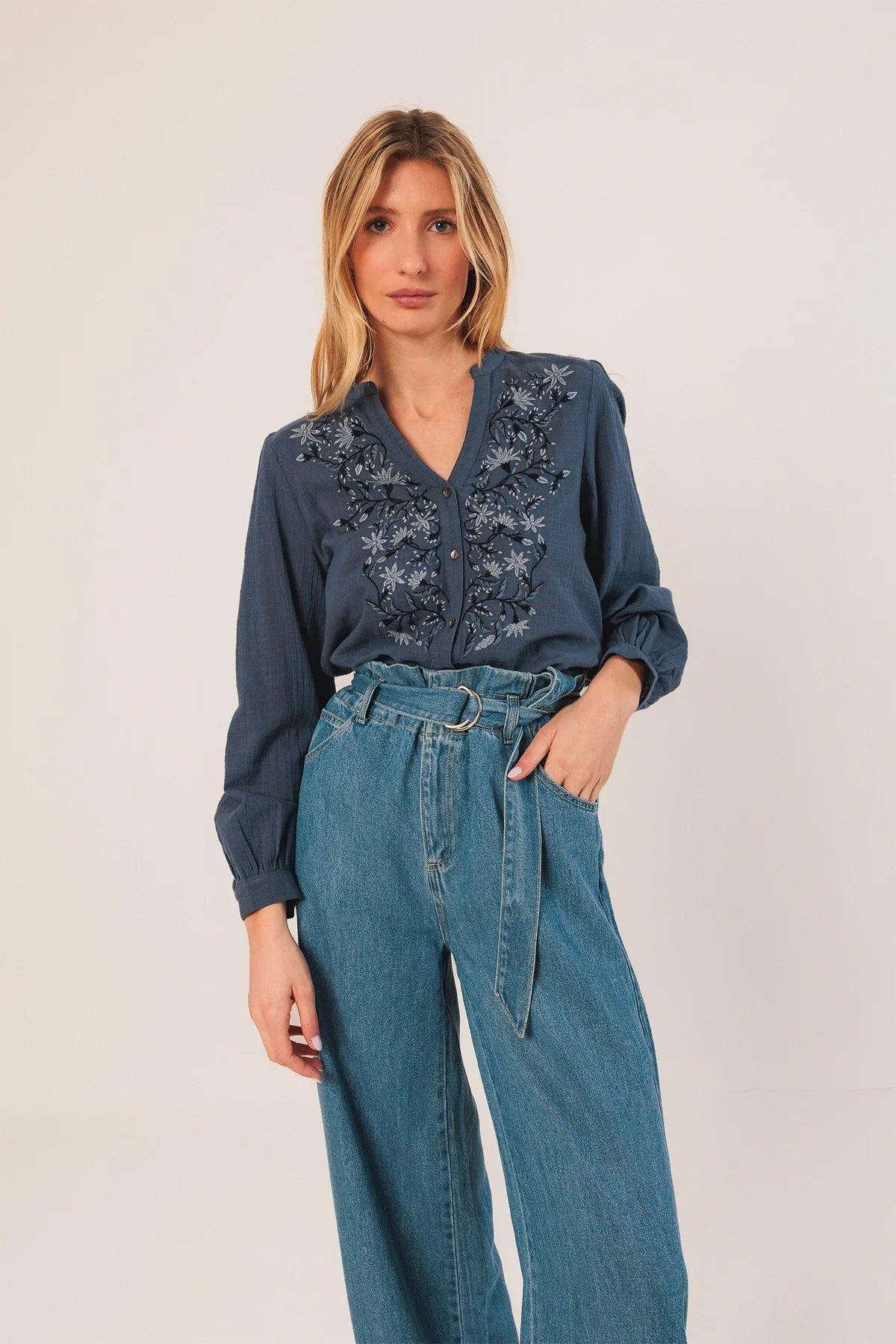 Indi & Cold Ethnic Combined Embroidered Shirt Indigo Blue