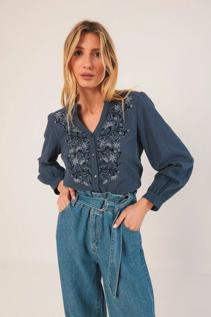 Indi & Cold Ethnic Combined Embroidered Shirt Indigo Blue